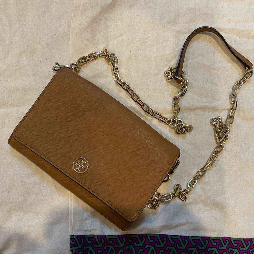 Tory burch crossbody tan leather with chain